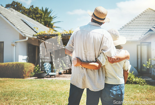 Image of Back view, couple and hug outdoor at new home, real estate or house investment. Man, woman and embrace at front of property for moving together in building, dream neighborhood and mortgage at garden