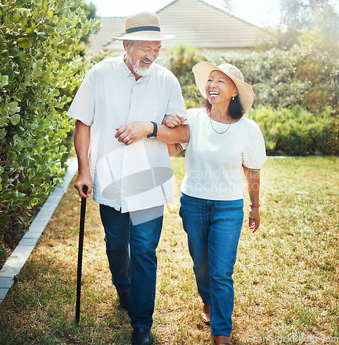 Image of Walking, laugh and senior Asian couple in garden for bonding, healthy relationship and love. Retirement, marriage and man and woman happy at joke outdoors for fresh air, wellness and relax in nature