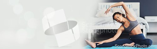 Image of Banner, yoga and fitness, woman in bedroom and stretching workout with mockup, health and wellness in home. Pilates, exercise and girl training on floor in apartment with space, bokeh and commitment.