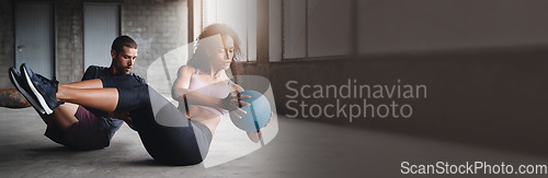 Image of Gym, banner and couple exercise with ball, weight or training cardio fitness together. Mockup, space and people workout body with weightlifting, sit up or lifting legs for wellness, goals or pilates