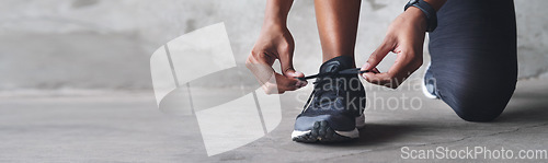 Image of Fitness, person and tie shoes on banner for athletic, sport or cardio outdoor for workout or exercise. Training, athlete and getting ready for wellness, healthy body or lifestyle on mockup space
