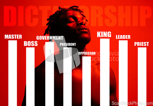 Image of Goverment, graphic and a man on a red background with words for dictatorship or leadership. Government, black person and overlay on a backdrop with a message for management or social hierarchy