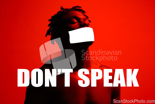 Image of Speech censored, black man and tape on mouth in studio isolated on a red background. Cover, silence and person forbidden in communication or sealed, human rights and words for confidential secret