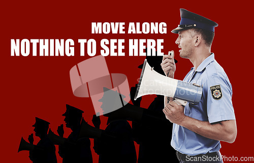 Image of Man, communication and police officer with megaphone, safety and announcement with red background. Profile, person and bullhorn, crowd control and speech with justice, legal law and illustration