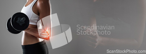 Image of Woman, hand and dumbbell on mockup for weightlifting, fitness or workout on banner for sports motivation. Closeup of female person or body builder lifting weight for exercise, strength or muscle gain