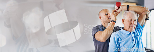 Image of Fitness banner, dumbbell or physiotherapist with senior man in arm exercise or body recovery workout. Coach, double exposure mockup space or mature client stretching or training in physical therapy