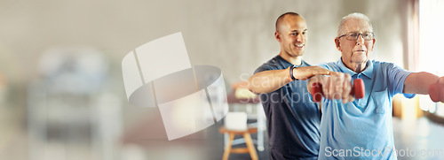 Image of Fitness banner, weights or physiotherapist with senior man for arm exercise or body workout in recovery. Physical therapy, rehabilitation mockup space or mature client training with dumbbell or coach