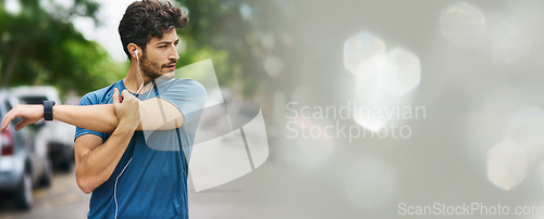 Image of Fitness, stretching and man in a road with music earphones for training, running or cardio with bokeh. Arm, stretch and male runner in a street for body warm up, workout or exercise with podcast