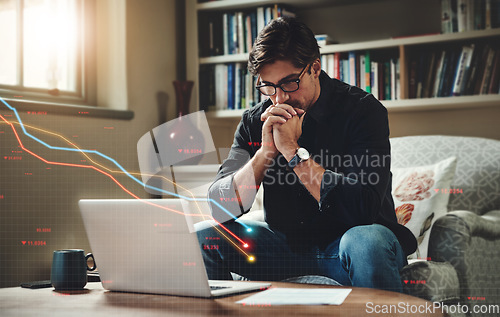 Image of Man, laptop and trading in remote work, stock market or financial crisis from bad investment on sofa at home. Male person or trader thinking, checking profit or loss on buying and selling stocks