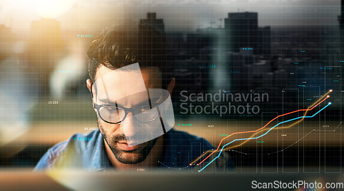 Image of Man, computer and stock market double exposure in trading, data analytics and night sales, profit or increase. Trader or investor reading statistics, lines or graphs in online investment with overlay