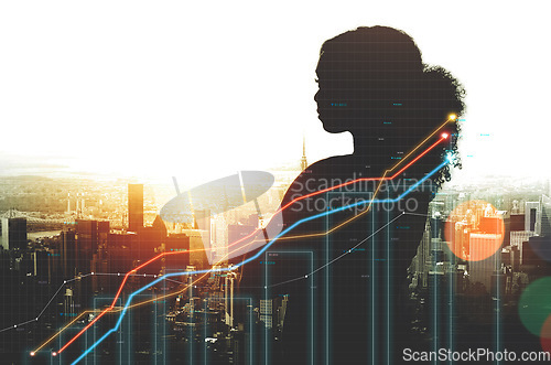 Image of City overlay, graphs and silhouette of person looking at stock market metrics, trading insight or crypto exchange. Financial analytics, urban buildings and trader view investment chart, stats or data