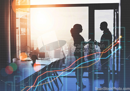 Image of Business people, meeting and charts in double exposure for data analytics advice, investment negotiation or planning. Analyst, investor or financial team for silhouette and stats overlay on growth