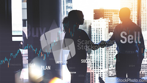 Image of Business people, handshake and data in double exposure for broker advice, investment and partnership or meeting. Investor, trader or clients shaking hands in silhouette for assets and finance success