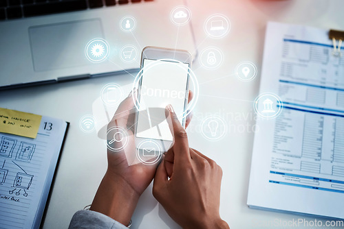 Image of Hologram, phone and hands of person with icon for social media, website or mobile app mockup. Business, documents and smartphone screen with overlay for communication, network and research in office