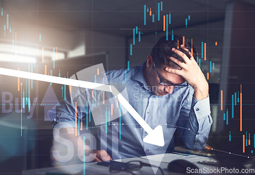 Image of Man, stress and headache for double exposure on trading, computer data analytics and stock market crash. Frustrated trader, seller or investor with depression, sad or overlay for assets loss at night