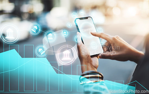 Image of Hologram, phone and hands of person with fintech graph for online banking, website or mobile app mockup. Ecommerce, finance and smartphone screen for statistics, networking and research in city