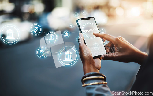 Image of Hologram, phone and hands of person for online banking, website and finance mobile app mockup. Ecommerce overlay, finance and smartphone screen for internet data, networking and research in city