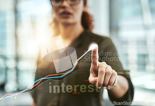 Image of Hologram, graph and finger of person for finance analysis, website and fintech mockup. Business, data and digital technology with overlay for stock market interest, networking and research in office