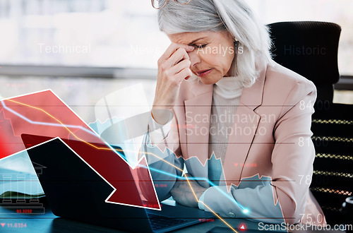 Image of Graphic, sad and a business woman with a laptop with economy, finance or company fail. Mature, tired and a corporate manager or ceo with migraine pain or depression about online trading stress