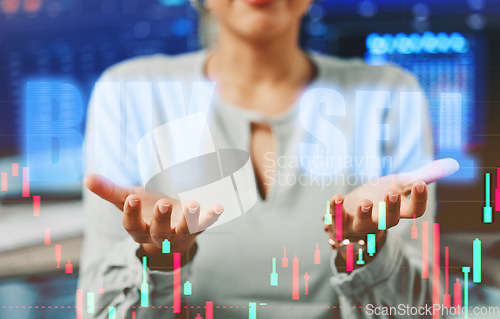 Image of Woman, hands and hologram with stock market for trading in overlay for money, risk or investment. Person, gesture and digital for online, profit or payment with lines, chart and growth in finance