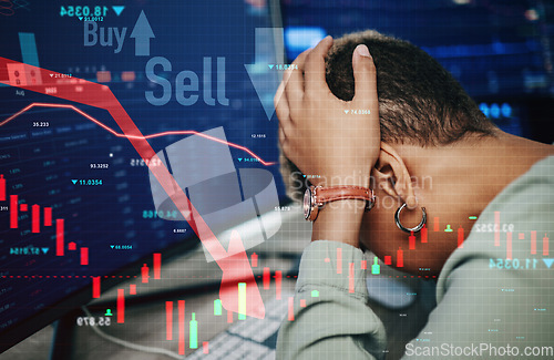 Image of Woman, stress and banking of stock market, crash or financial crisis in overlay on computer. African, person and headache in trading, digital or fintech for lines, chart and money risk for investment