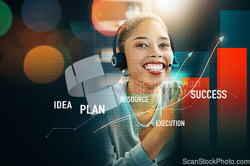 Image of Happy woman, call center and trading for advice on investment, planning or profit on overlay at office. Female person, broker or financial advisor smile with headphones for stock market help or plan