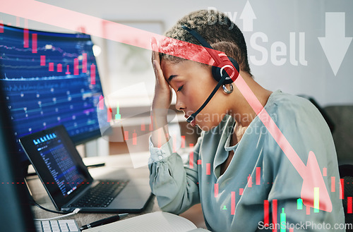 Image of Fail graphic, headache and a woman at a call center for finance stress or telemarketing burnout. Fatigue, contact us and overlay or a customer service employee with anxiety from online economy stats