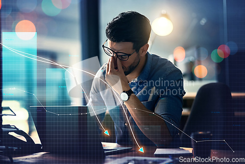 Image of Man, headache and stock market crash, financial fail or business investment mistake in night office overlay. Frustrated trader with depression, pain or stress and trading statistics or data on laptop