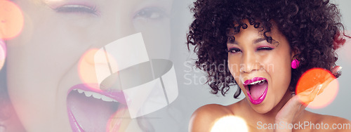 Image of Beauty, hair care and portrait of woman in banner, bokeh and wink for cosmetics, fashion or promo. Smile, mockup or overlay, face of excited model or double exposure for makeup or afro hairstyle