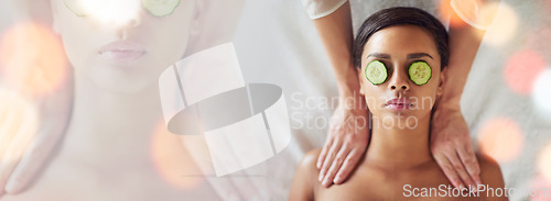 Image of Woman, massage and spa banner with cucumber skincare, eyes wellness and beauty on double exposure. Person relax from above with natural skin care, muscle healing and facial treatment for peace