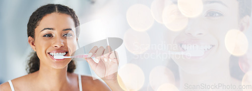 Image of Happy woman, brushing teeth and smile for banner or dental hygiene, morning routine or bokeh. Female person or model cleaning mouth, oral and gum care with toothbrush or double exposure mockup