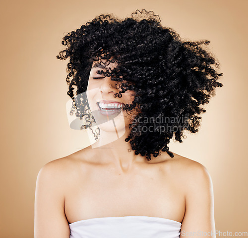 Image of Woman, curly or afro hair wind on fun studio background for healthy hairstyle growth, texture or frizz treatment. African beauty model, shake energy and happy change by shampoo transformation results