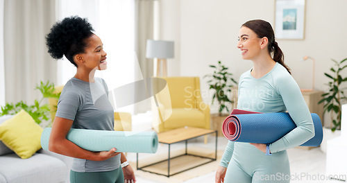 Image of Personal trainer, yoga and women talking in home for wellness, healthy body and support. Fitness friends, living room and people in conversation with gym mat for pilates, exercise and mindfulness