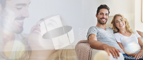 Image of Portrait, love and happy couple relax, care and home bonding, romance or connect together in holiday house. Mockup space, lounge sofa and banner man, woman or marriage people support, smile and trust