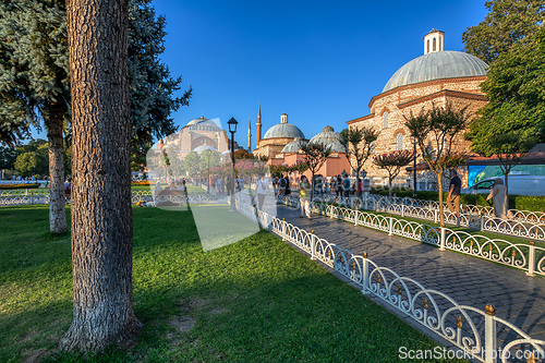 Image of People behind Hagia Sophia or Ayasofya (Turkish), Istanbul, Turkey.