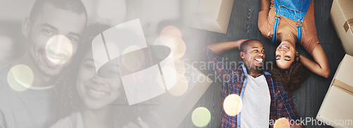 Image of Bokeh, success or happy couple in new home for real estate for investment in property or apartment. Smile, relax or excited black man with a biracial woman on house floor with loan, goal or security