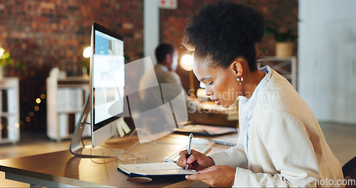 Image of Black woman, writing and notes or planning in coworking office with journal and work schedule in a notebook. Working, female professional and proposal or writer ideas for blog and tech article