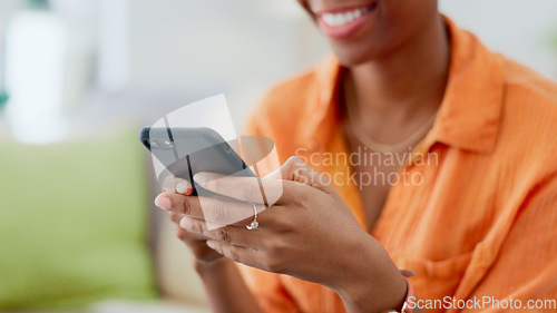Image of Phone, hands and woman typing in home, reading social media notification and update subscription app. Closeup, smartphone and download mobile games, search digital network and online contact