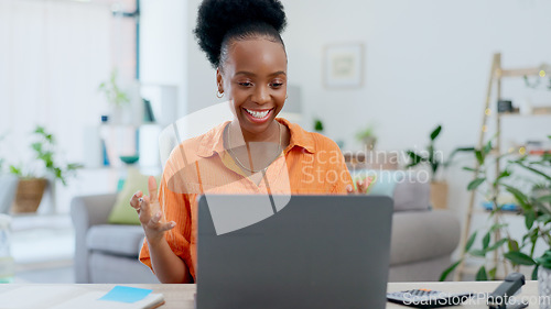 Image of Woman, laptop and video call for work from home, planning and webinar discussion in freelancer marketing career. Happy African worker talking on computer or virtual, online meeting in her living room