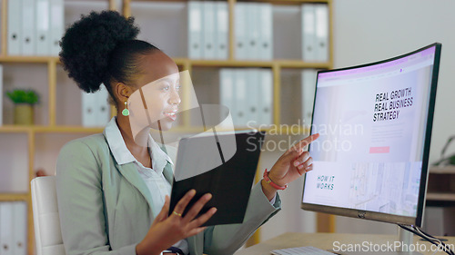 Image of Black woman, research and tablet with business, strategy or planning for growth or development in project. Reading, report and entrepreneur with startup review, analysis or excited for profit or goal