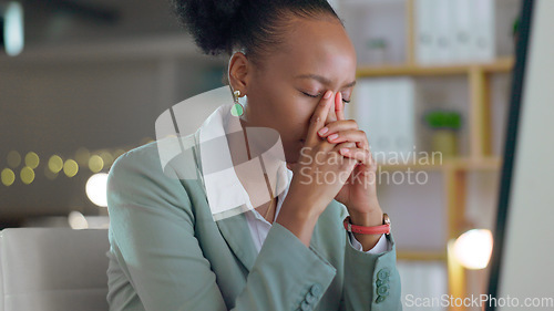 Image of Stress, headache and black woman in office with fatigue, problem and overworked with health issue. African person, employee and consultant with computer, migraine and burnout with anxiety and tired