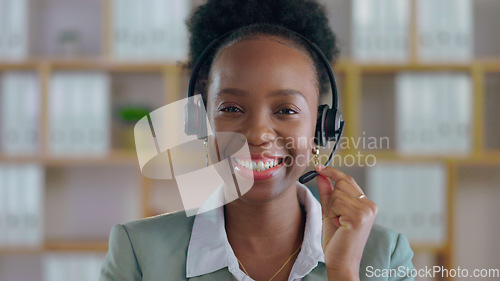 Image of African woman, call center and smile in portrait with microphone for telemarketing, talking or contact us. Consultant, crm and tech support agent with customer service, voip mic and happy for advice