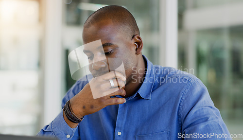 Image of Businessman, stress and thinking in office, burnout and anxiety for problem, issue and profession. Black person, frustrated and worry for deadline, mistake and pressure or overwhelmed or overworked