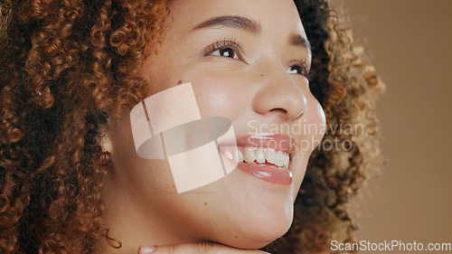 Image of African woman, beauty and studio headshot in profile, smile or glow for thinking for skincare by background. Girl, happy and vision for cosmetic, wellness or glow on facial closeup for transformation