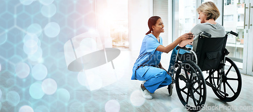 Image of Patient with disability, nurse and advice in hospital for healthcare, wellness and medicare. Medical professional, bokeh and overlay in mockup, physiotherapy and happy for discussion or consulting