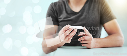 Image of Diabetic, hand and blood test for sugar on banner with bokeh, overlay and mockup for medicine. Person, alone and needle to check of glucose level in closeup for awareness, healthcare and wellness