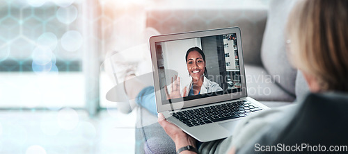 Image of Doctor, video call and consult on laptop for communication on banner, bokeh and overlay in mockup for medicare. People, face and talk in hospital for health, patient and telehealth consulting