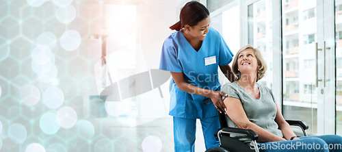 Image of Patient with disability, nurse and smile in wheelchair for healthcare, wellness and medicare. Medical professional, bokeh and overlay in mockup, physiotherapy and happy, assistance and insurance