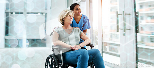 Image of Patient with disability, nurse and smile in clinic for healthcare, wellness and medicare. Medical professional, bokeh and overlay in mockup, physiotherapy and happy, assistance and insurance