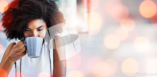 Image of Business, thinking and black woman with coffee, relax and banner with a career, lunch break and espresso. African person, entrepreneur and employee with tea, cappucino and calm with ideas and overlay